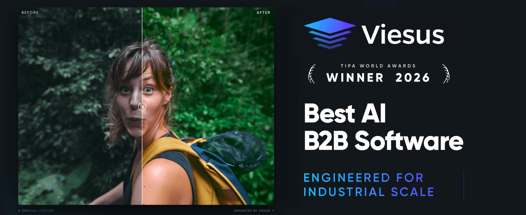 Before and after comparison of a woman photographed in a forest. Left: original capture with flat colors and reduced contrast. Right: enhanced by Viesus, showing improved tone, color depth, and detail. Viesus logo and TIPA World Awards 2026 Winner — Best AI B2B Software badge on the right.
