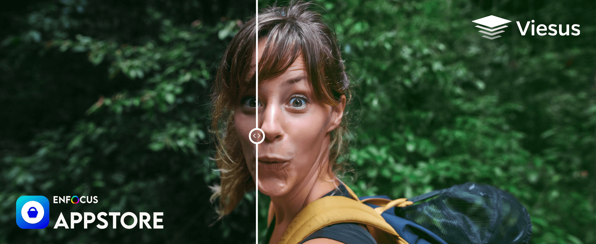 Before-and-after image enhancement example using the Viesus app in Enfocus Switch, showing improved photo sharpness and color