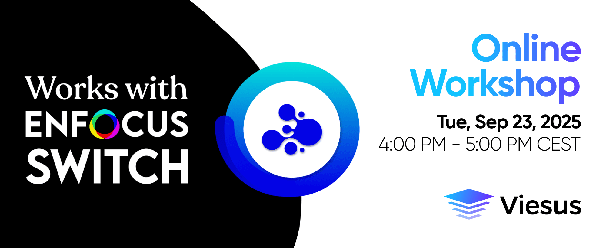 Banner for Viesus and Enfocus Switch online workshop on AI image and PDF enhancement, September 23, 2025, 4:00–5:00 PM CEST.