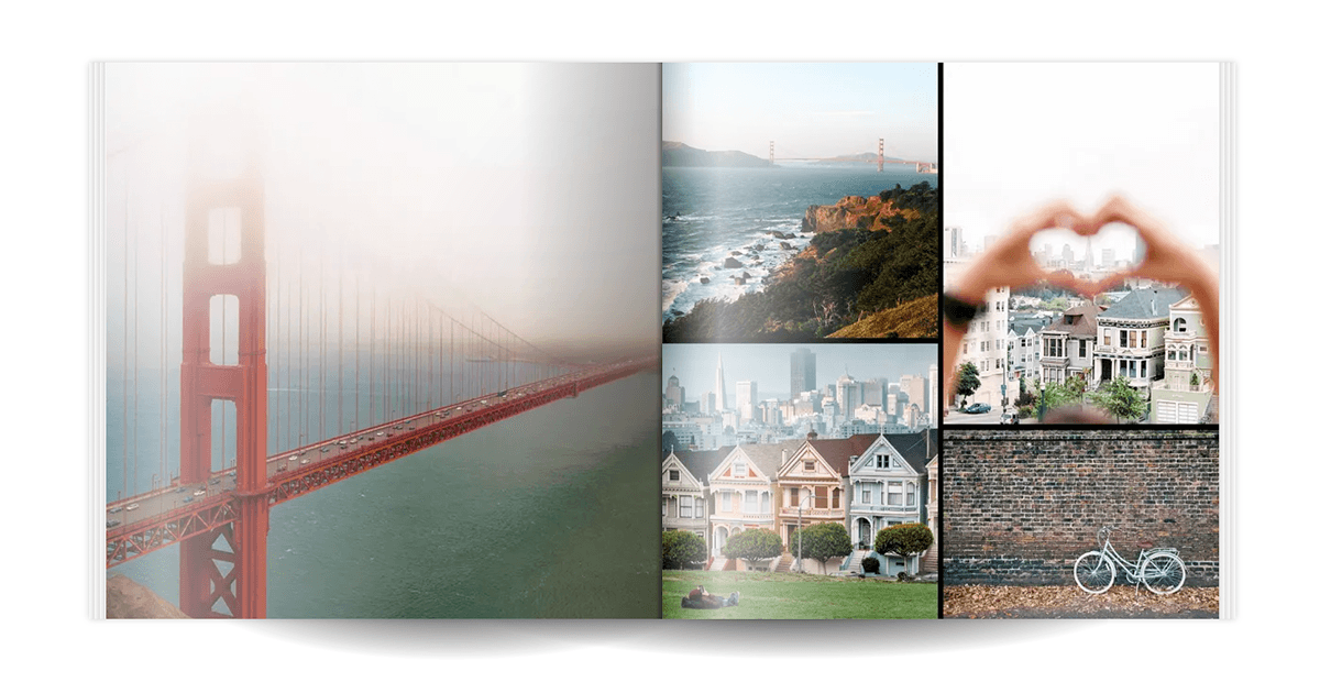 Collage of cityscapes, landscapes, and architectural scenes showcasing photographic detail and print quality of Mixbook photo products.