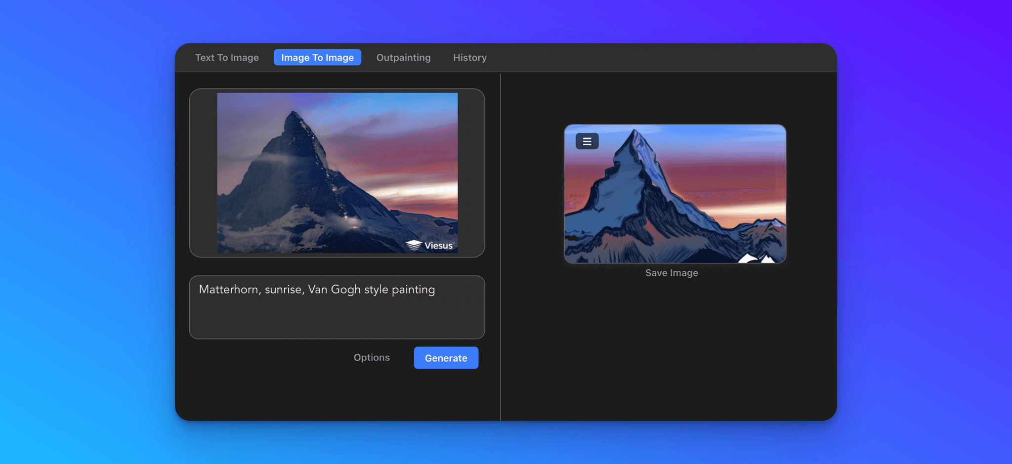 Viesus Matterhorn image regenerated by Stable Diffusion into a Van Gogh style painting.